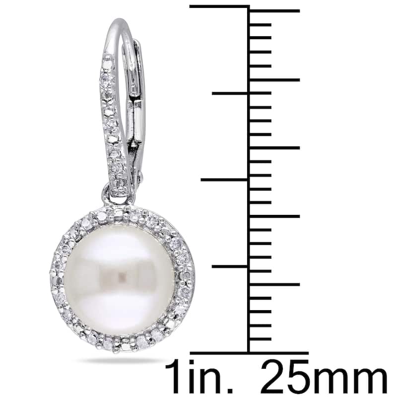 Miadora Sterling Silver Cultured Pearl 1/3ct TDW Diamond Halo Dangle Necklace and Leverback Earrings Set (G-H,I2-I3) (8-8.5mm)