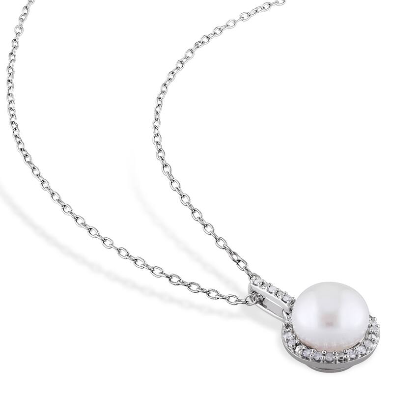 Miadora Sterling Silver Cultured Pearl 1/3ct TDW Diamond Halo Dangle Necklace and Leverback Earrings Set (G-H,I2-I3) (8-8.5mm)
