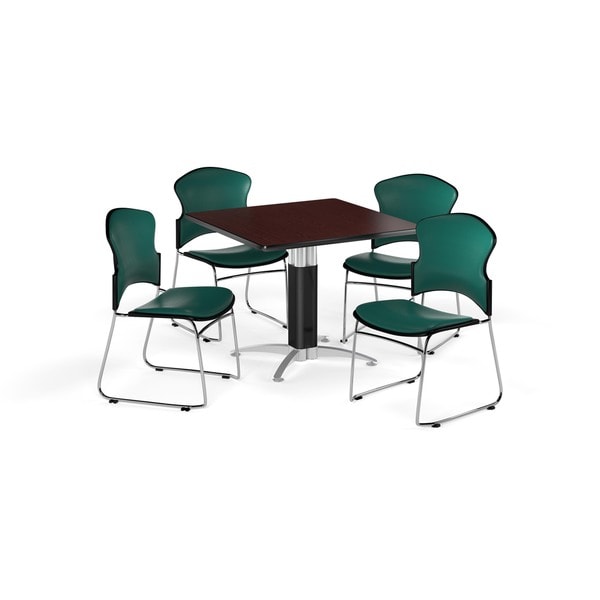 OFM Mahogany 42-inch Square Mesh Base Multi Purpose Laminate Table with 4 Vinyl Chairs
