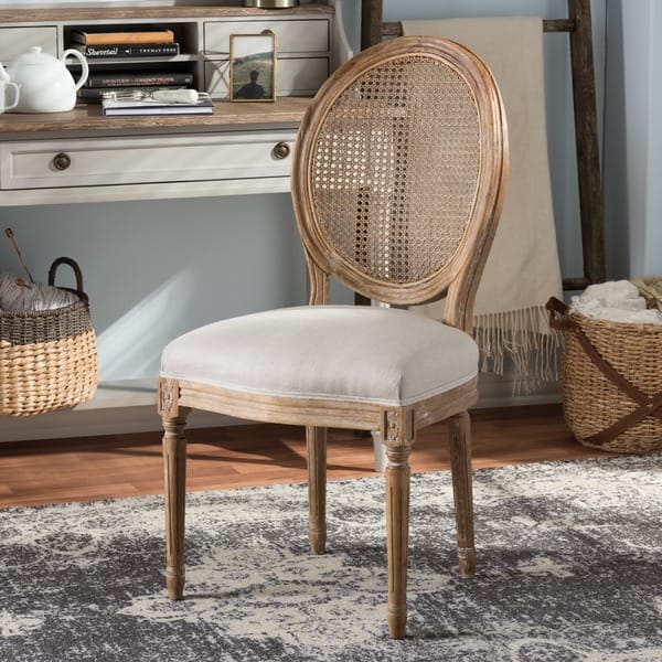 Baxton Studio Adelia French Vintage Cottage Weathered Oak Finish Wood and Beige Fabric Upholstered Dining Side Chair with Round Cane Back Baxton Studio Adelia French Vintage Cottage Weathered Oak Finish Wood and Beige Fabric Upholstered Dining Side Chair with Round Cane Back