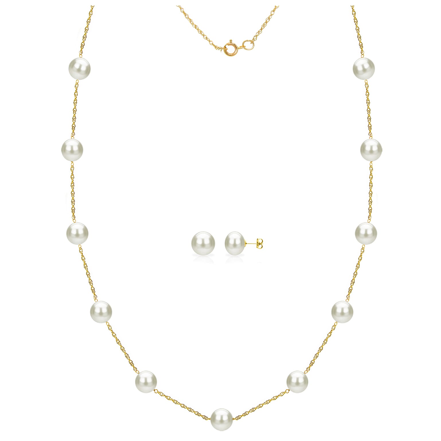 DaVonna 14k Yellow Gold 8-9mm White Freshwater Pearl Tin-cup Station Necklace and Stud Earrings Set