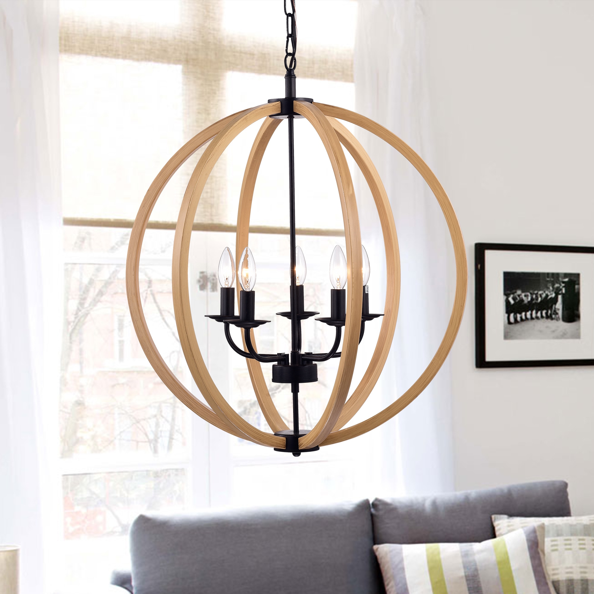Warehouse of Tiffany Fedelmid Black Natural Wood 24-inch Round Pendant Lamp