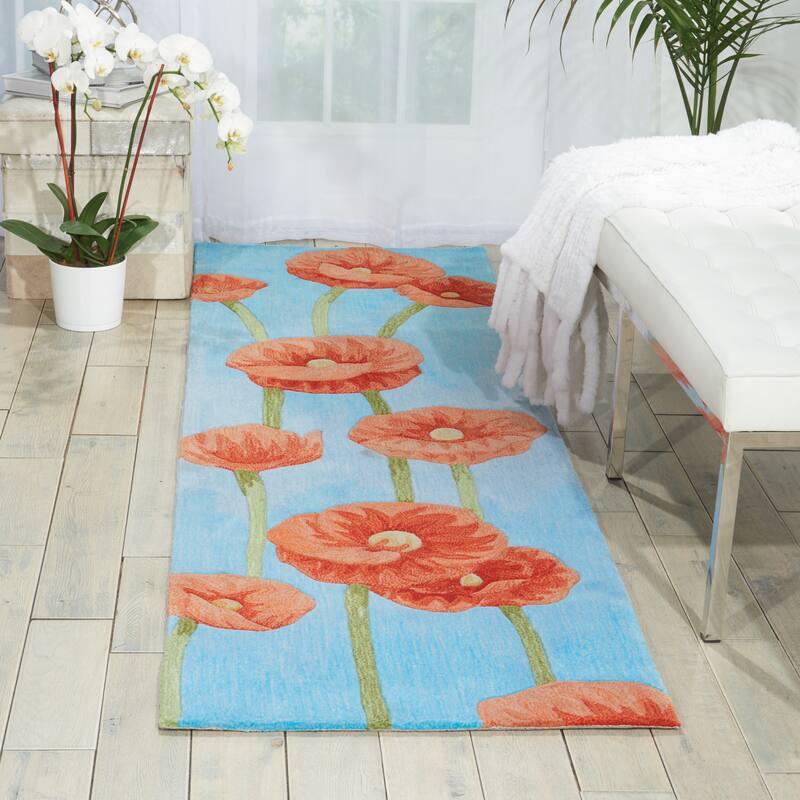 Nourison Contour Red Poppies on Sky Blue Field Area Rug