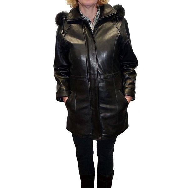 Knoles & Carter Women's Black Lambskin Leather and Fox Fur Hooded Jacket