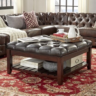 iNSPIRE Q Lennon Espresso Planked Storage Ottoman Coffee Table by  Classic ([Dark Brown PU]- Button Tufts)