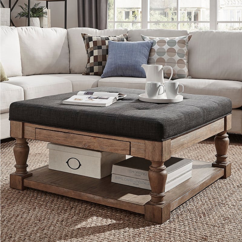 Lennon Baluster Storage Tufted Ottoman Table by iNSPIRE Q Artisan - [Dark Grey Linen]- Dimpled Tufts - Dark Grey Linen- Dimpled Tufts