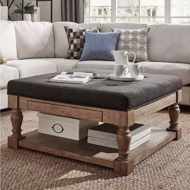 Lennon Baluster Storage Tufted Ottoman Table by iNSPIRE Q Artisan - Dark Grey Linen- Dimpled Tufts