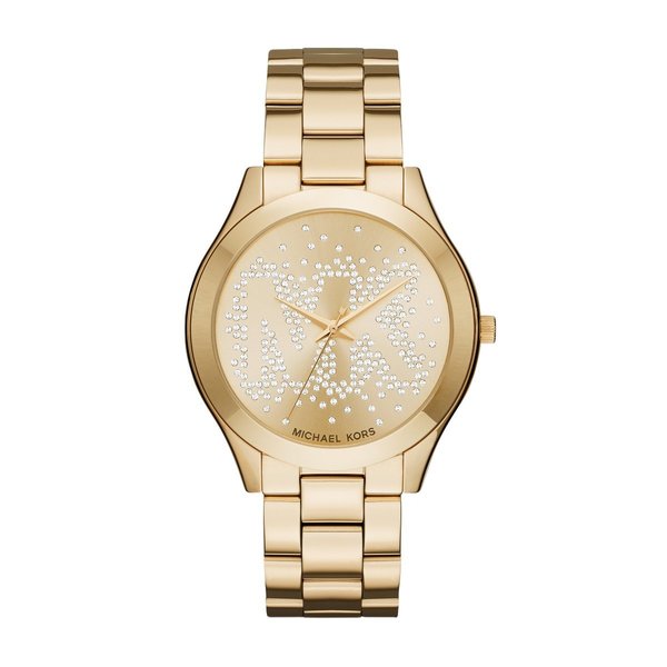 Michael Kors Women's Slim Runway Crystal-Set Gold Dial Gold-Tone Stainless Steel Bracelet Watch