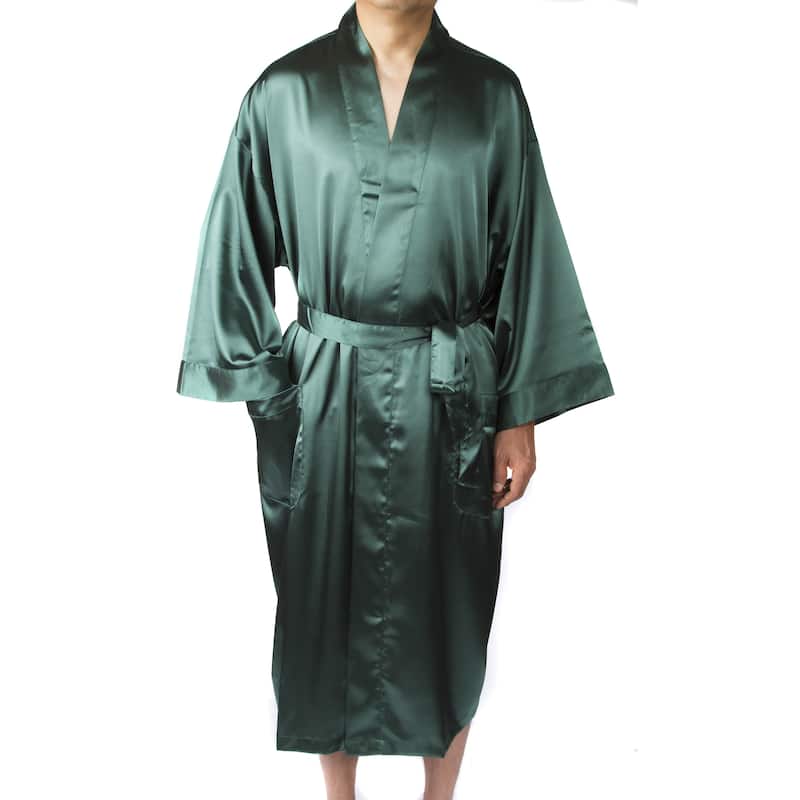 Leisureland Men's Elastic Satin Charmeuse Long 48" Kimono Robe - Hunter Green