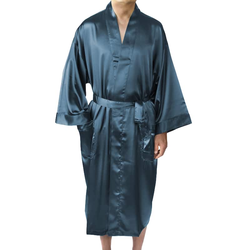 Leisureland Men's Elastic Satin Charmeuse Long 48" Kimono Robe - Aurora Blue