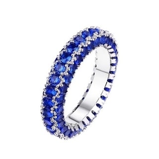 Rhodium Plated Italian-cut Cubic Zirconia 3-row Eternity Ring - Blue