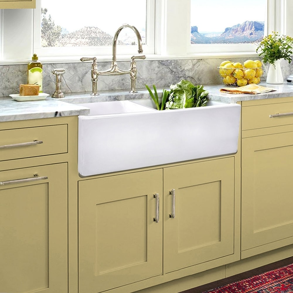 Shop Highpoint Collection Italian Fireclay Double Bowl Farmhouse Sink 33 X 18 X 10 Overstock 13448989