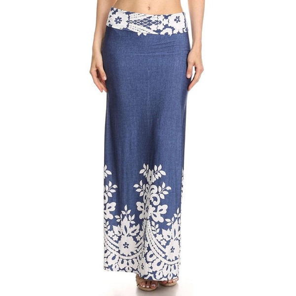 Women's Denim Blue Rayon and Spandex Floral Bottom Maxi Skirt ...