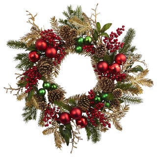 Nearly Natural Red and Gold-tone Plastic 24-inch Ornament, Pine, and Pinecone Wreath