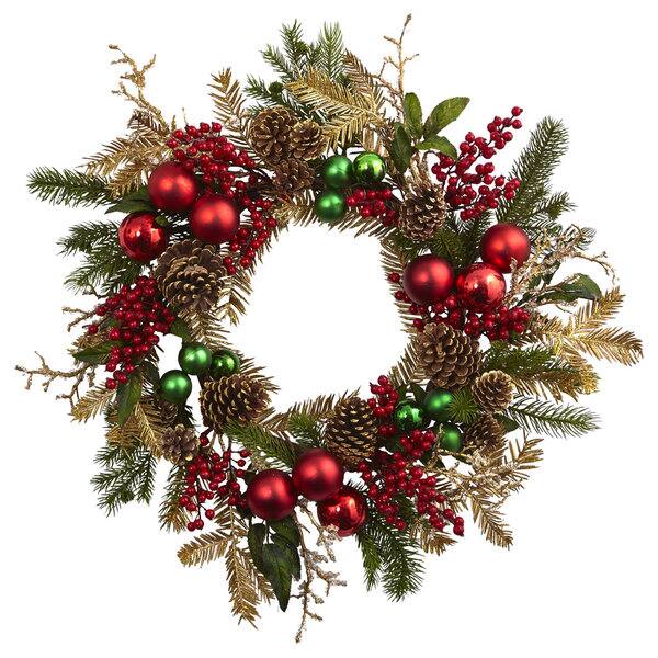slide 2 of 2, Nearly Natural Red and Gold-tone Plastic 24-inch Ornament, Pine, and Pinecone Wreath