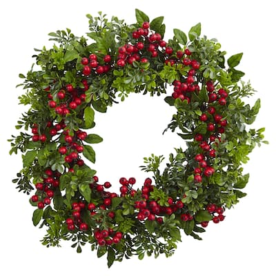 Nearly Natural Berry Boxwood Green and Red Plastic 24-inch Wreath