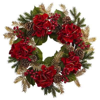 Nearly Natural 24-inch Hydrangea Pine Wreath