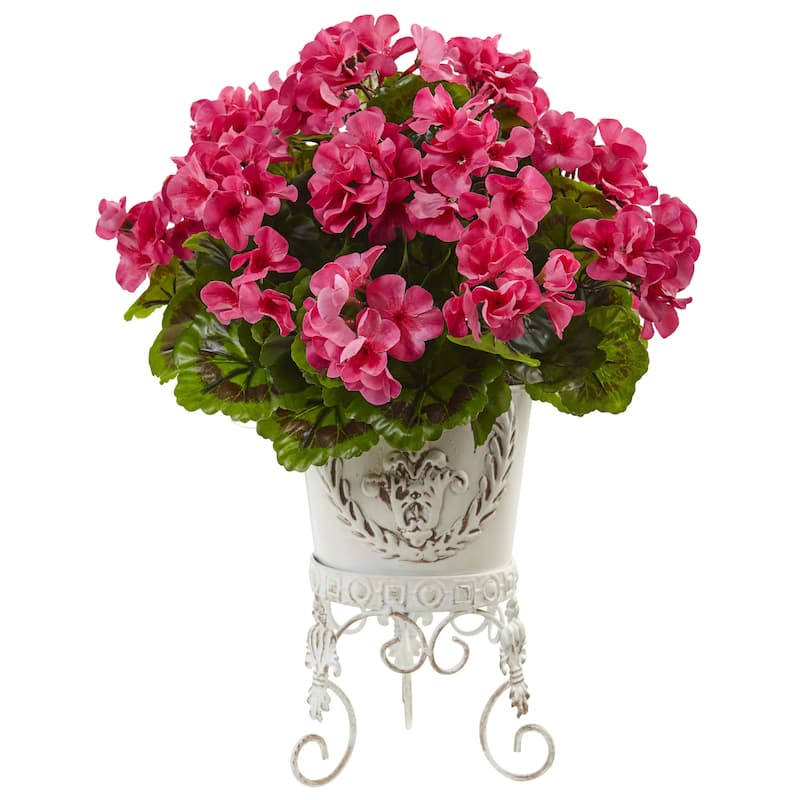 Nearly Natural Pink Silk UV-resistant Indoor/ Outdoor Geranium with Metal Planter