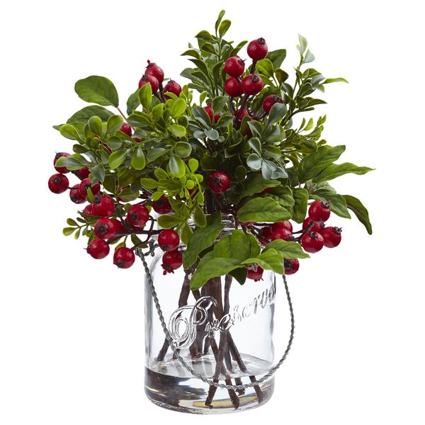 Nearly Natural Silk Berry and Boxwood Arrangement in Glass Jar