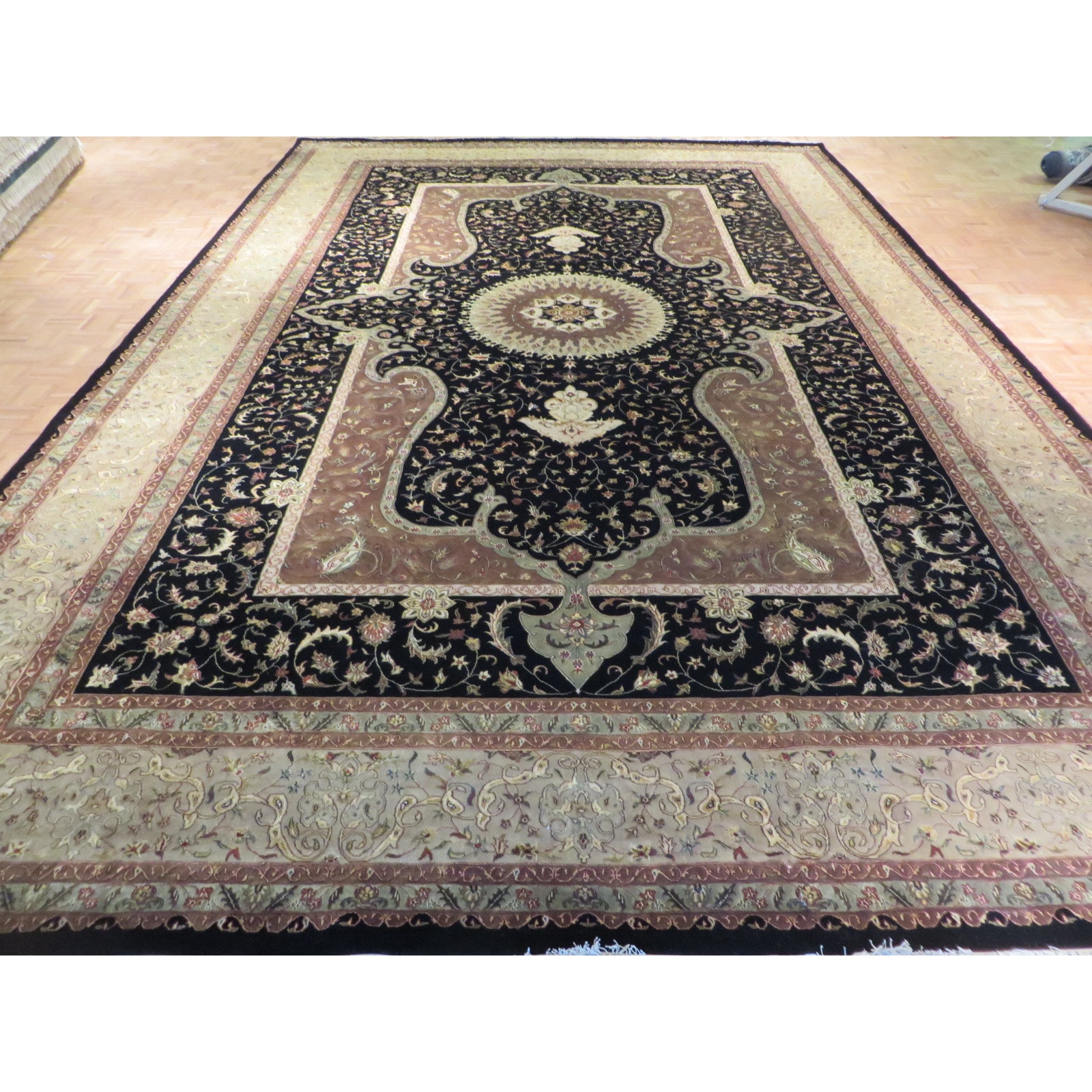 Black Hand Knotted Wool Silk Tabriz Oriental Rug 12 1 X 18 Black Hand Knotted Wool Silk Tabriz Oriental Rug 12 1 X 18