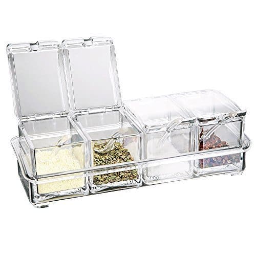 Food-grade Acrylic Condiment Spice Jars Set with Serving Spoons in Organizer Tray