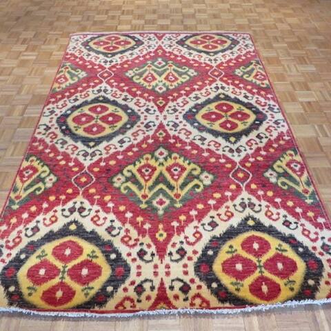 Red Wool Hand-knotted Ikat Oriental Rug - 6'6 x 9'10