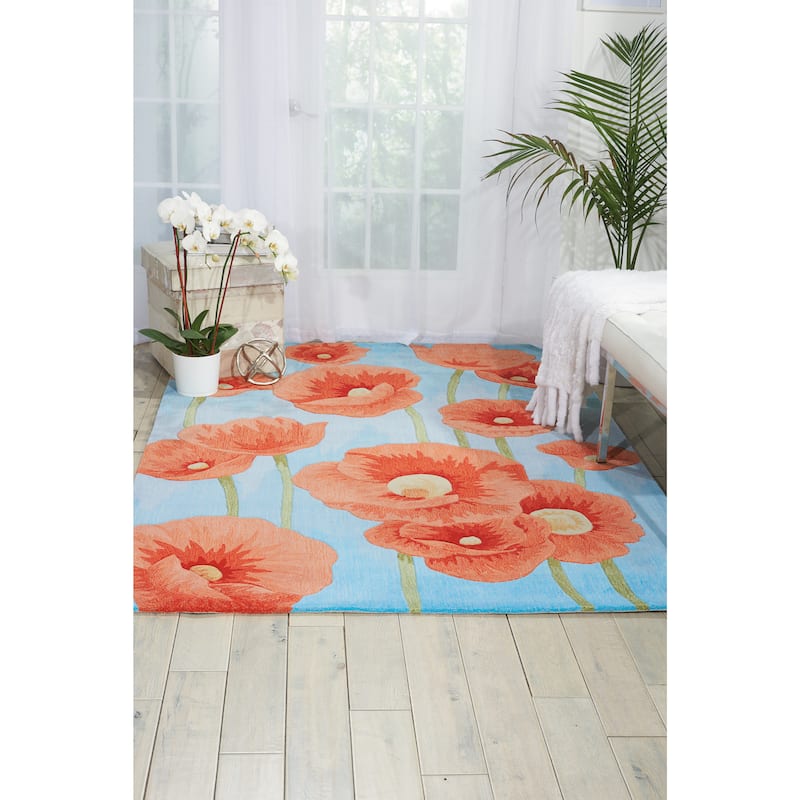 Nourison Contour Red Poppies on Sky Blue Field Area Rug