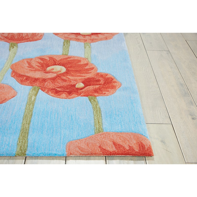 Nourison Contour Red Poppies on Sky Blue Field Area Rug