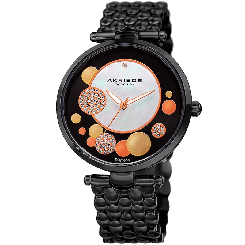 Akribos XXIV Womens Swiss Quartz Diamond Swarovski Crystal Black Bracelet Watch