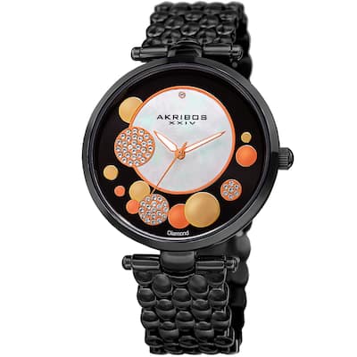 Akribos XXIV Womens Swiss Quartz Diamond Swarovski Crystal Black Bracelet Watch