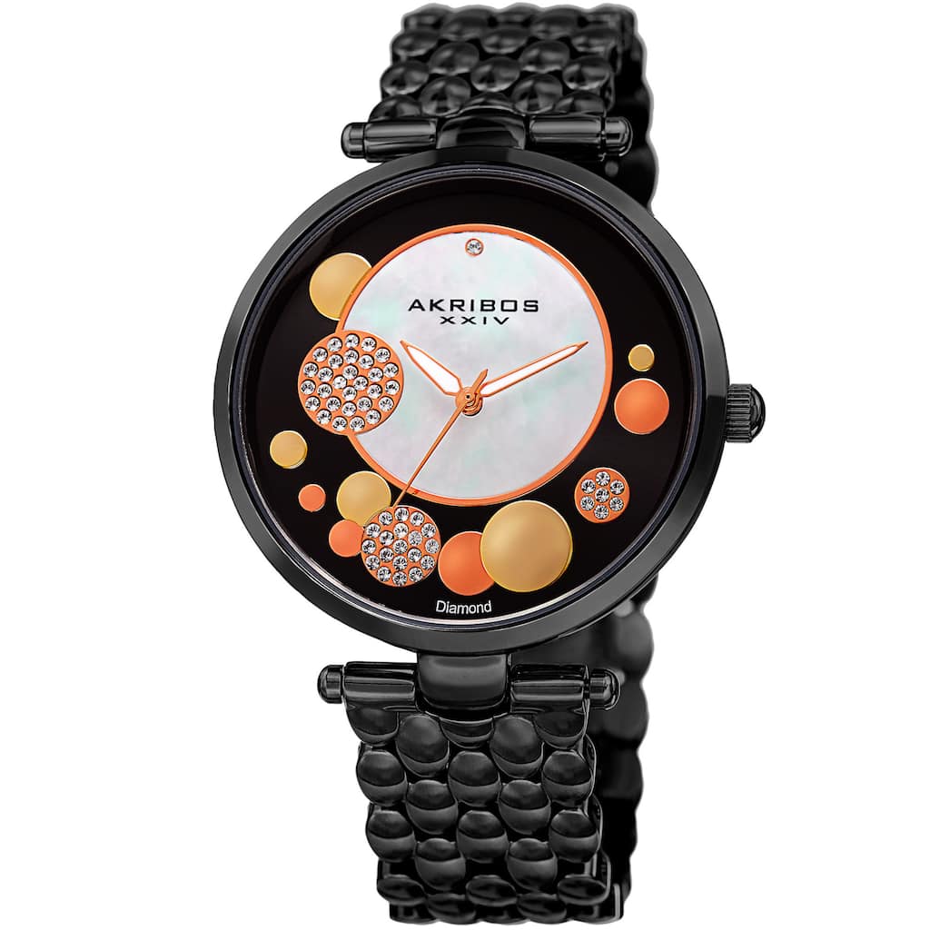Akribos XXIV Womens Swiss Quartz Diamond Swarovski Crystal Black Bracelet Watch