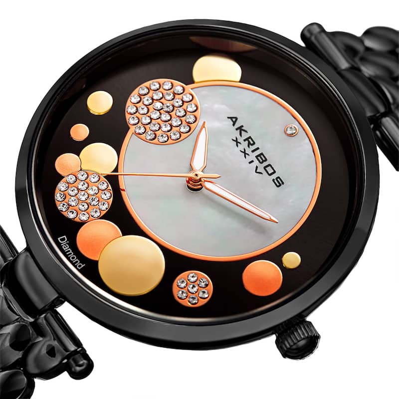 Akribos XXIV Womens Swiss Quartz Diamond Swarovski Crystal Black Bracelet Watch