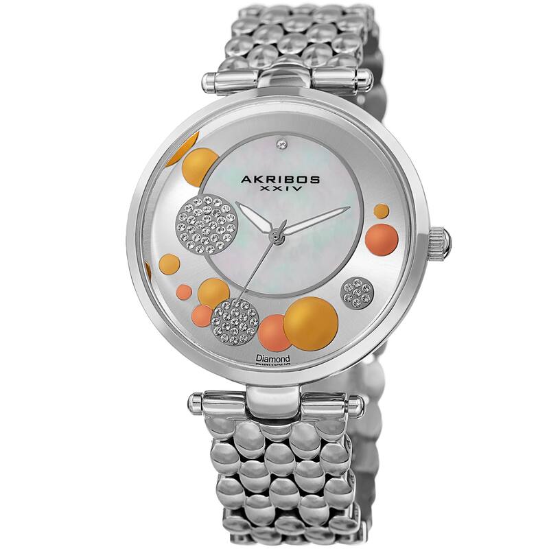 Akribos XXIV Womens Swiss Quartz Diamond Swarovski Crystal Silver-Tone Bracelet Watch