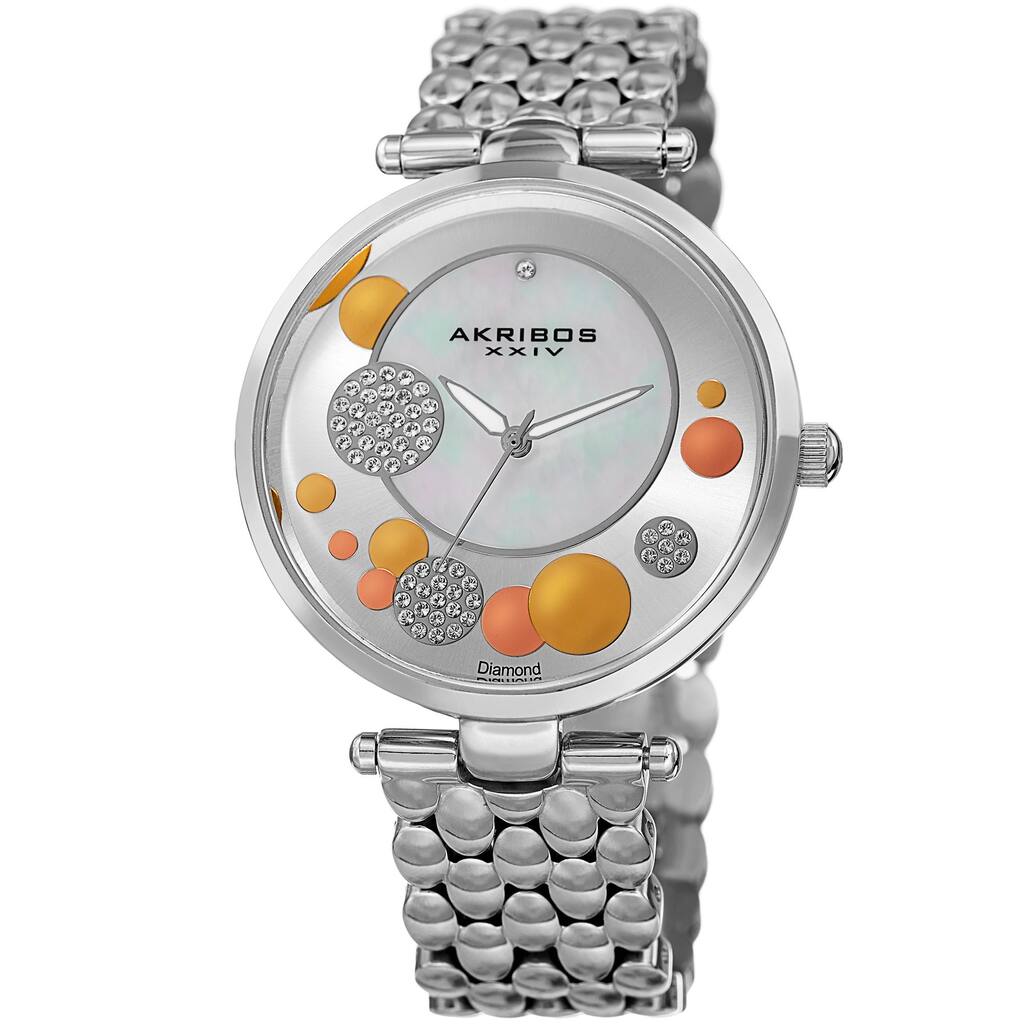 Akribos XXIV Womens Swiss Quartz Diamond Swarovski Crystal Silver-Tone Bracelet Watch