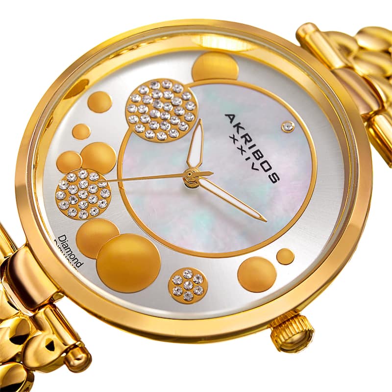 Akribos XXIV Womens Swiss Quartz Diamond Swarovski Crystal Gold-Tone Bracelet Watch
