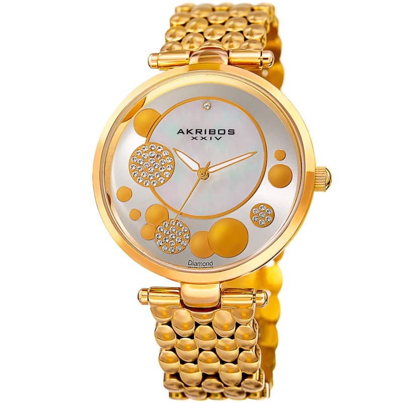 Akribos XXIV Womens Swiss Quartz Diamond Swarovski Crystal Gold-Tone Bracelet Watch