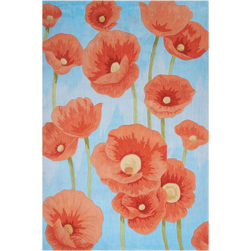 Nourison Contour Red Poppies on Sky Blue Field Area Rug