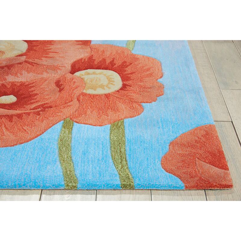 Nourison Contour Red Poppies on Sky Blue Field Area Rug