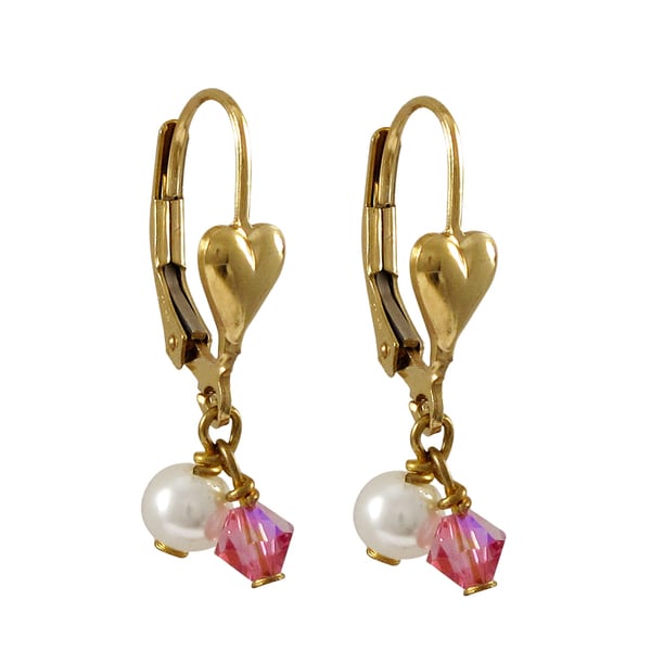 Luxiro Gold Filled Swarovski Crystals Freshwater Pearls Children's Heart Earrings. Opens flyout.