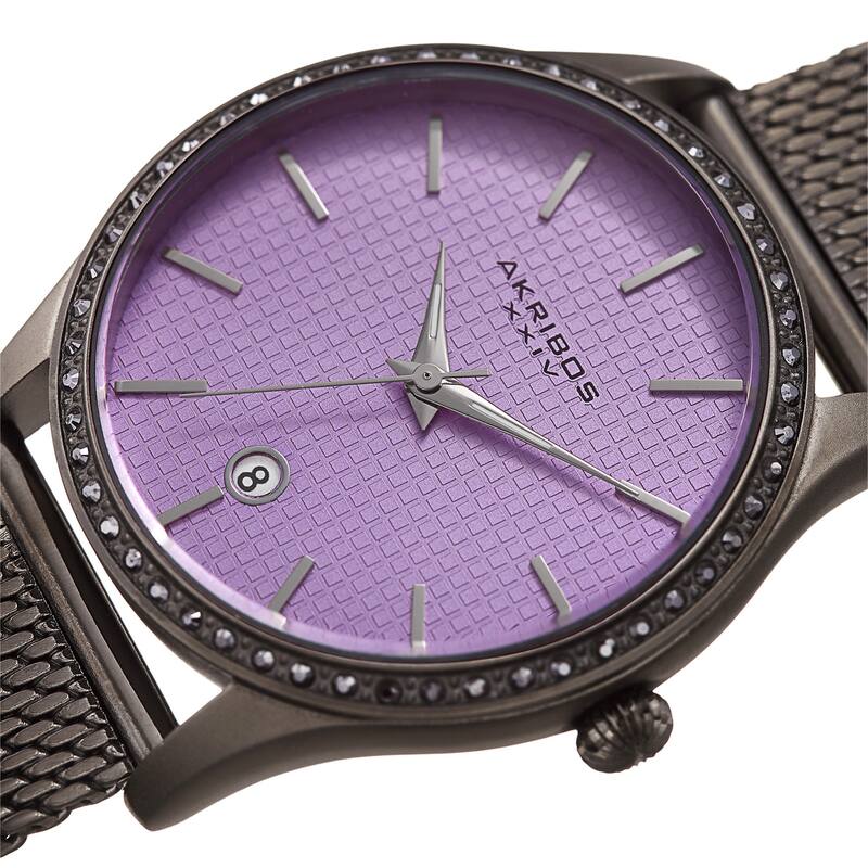 Akribos XXIV Women's Quartz Swarovski Crystal Purple Grey Mesh Bracelet Watch