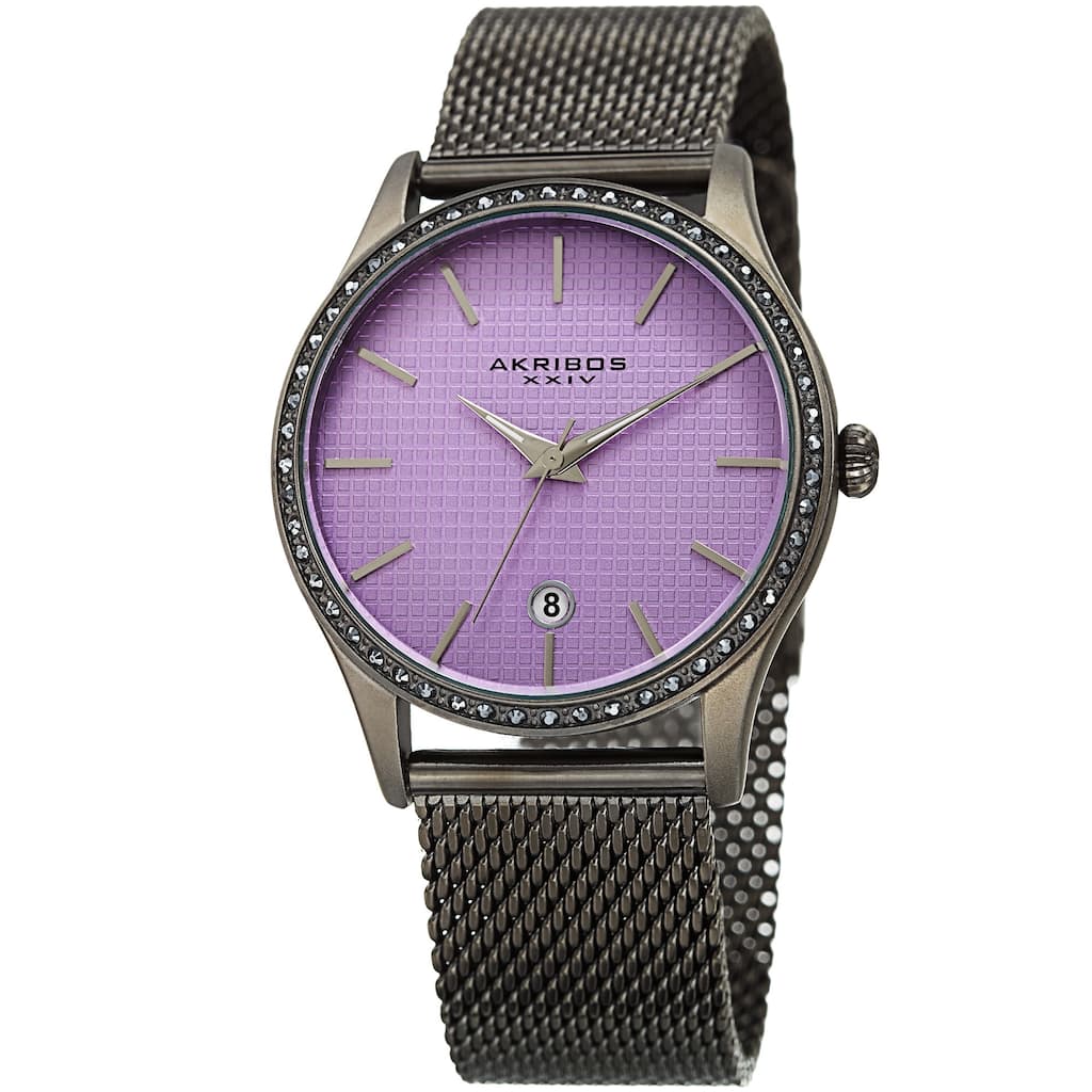 Akribos XXIV Women's Quartz Swarovski Crystal Purple Grey Mesh Bracelet Watch