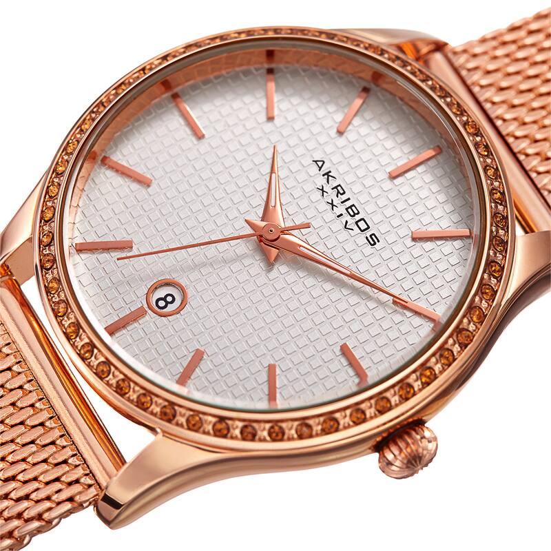 Akribos XXIV Women's Quartz Swarovski Crystal Rose-Tone Mesh Bracelet Watch