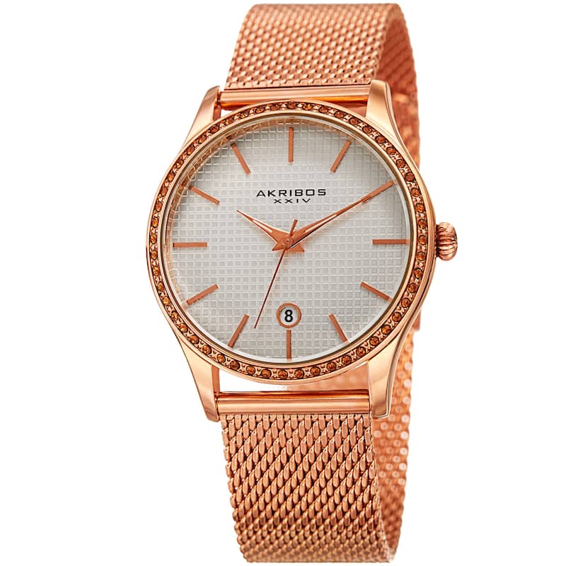 Akribos XXIV Women's Quartz Swarovski Crystal Rose-Tone Mesh Bracelet Watch