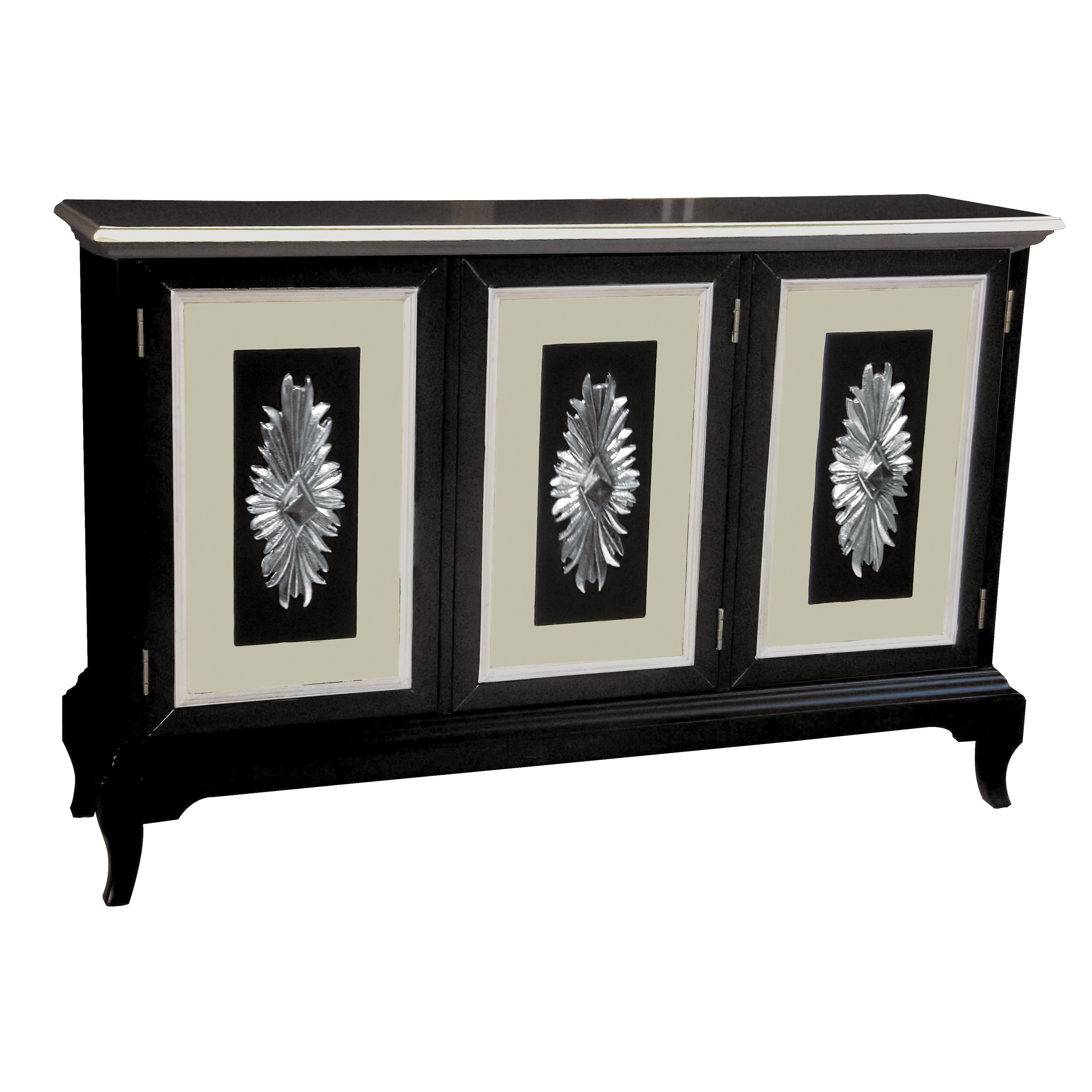Glossy Black Finish Credenza with White and Tan Accents
