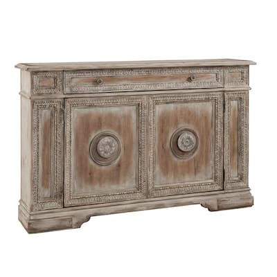 Hand Painted Distressed Antique White and Worn Wood Finish Credenza