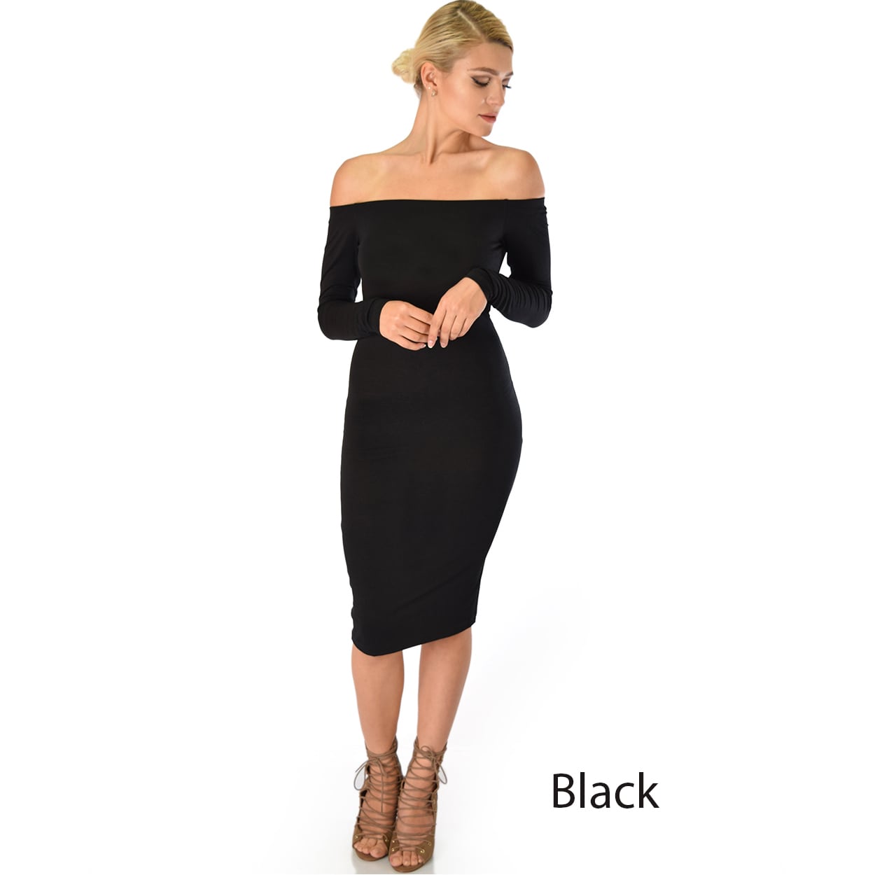 off the shoulder long sleeve midi dress