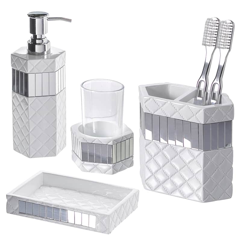 Creative Scents Quilted Mirror White Bathroom Accessories Set of 4