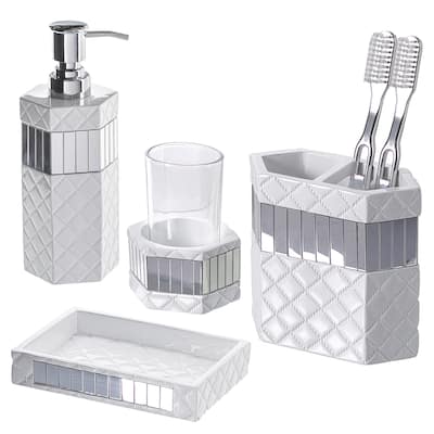 Creative Scents Quilted Mirror White Bathroom Accessories Set of 4