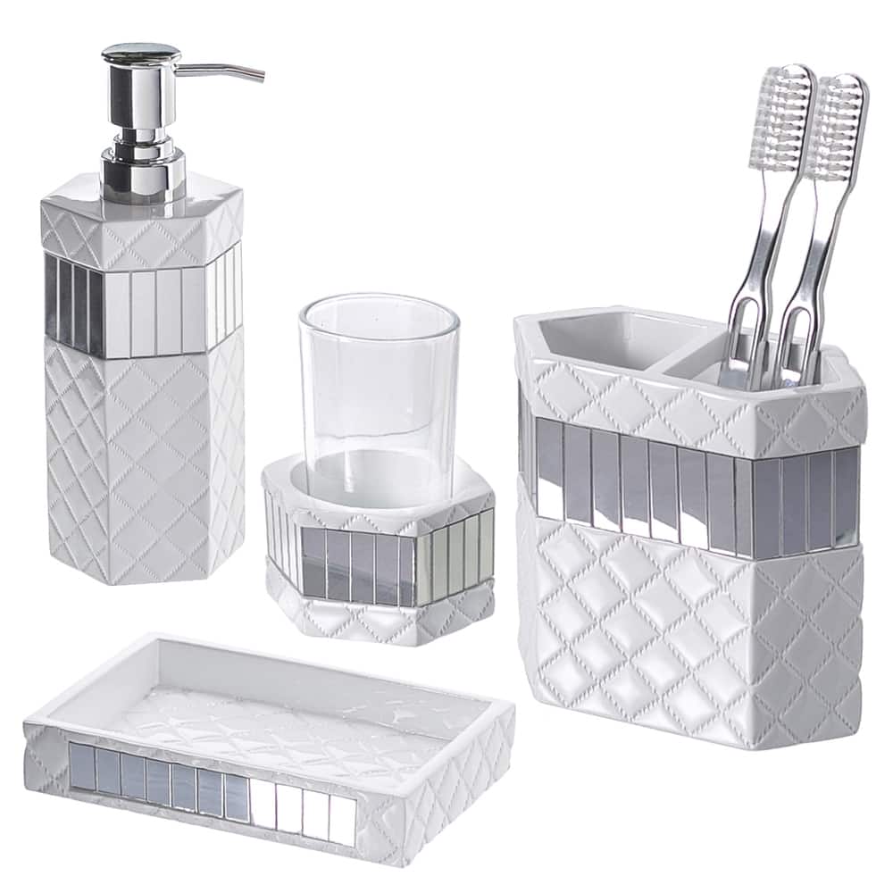Creative Scents Quilted Mirror White Bathroom Accessories Set of 4