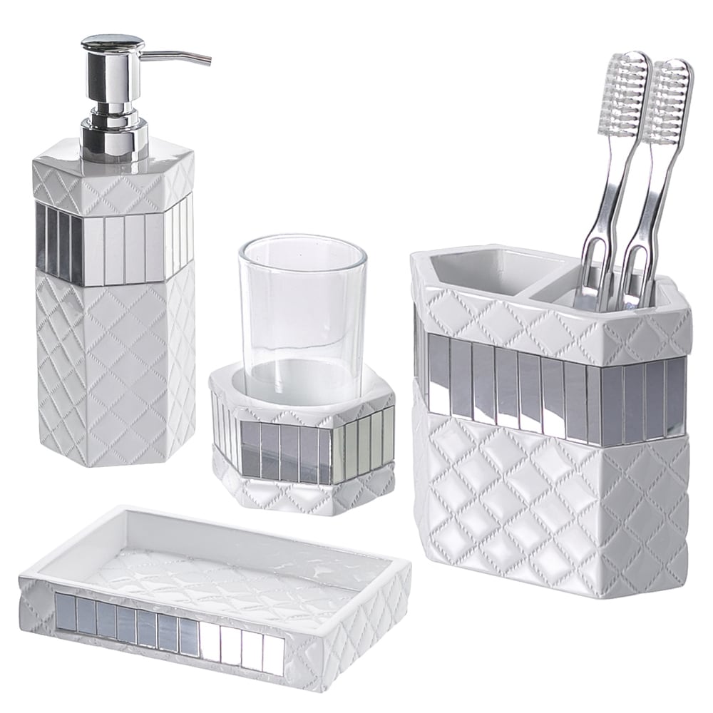 Creative Scents Quilted Mirror White Bathroom Accessories Set of 4
